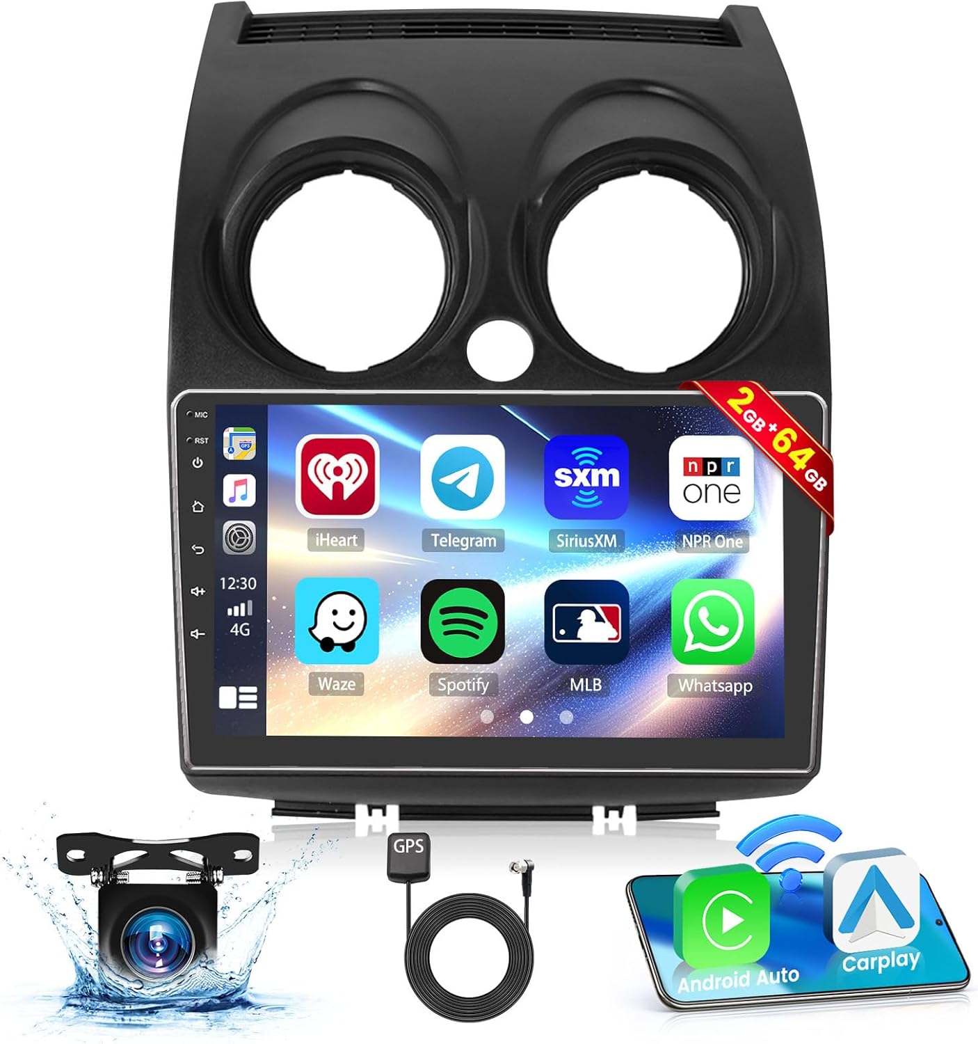 [2+64GB] Car Stereo for Nissan Rogue Sport Qashqai 2007-2015 with Wireless CarPlay Android Auto, 9 Inch HD Touchscreen with GPS WiFi Bluetooth FM/RDS Radio SWC Backup Camera MIC