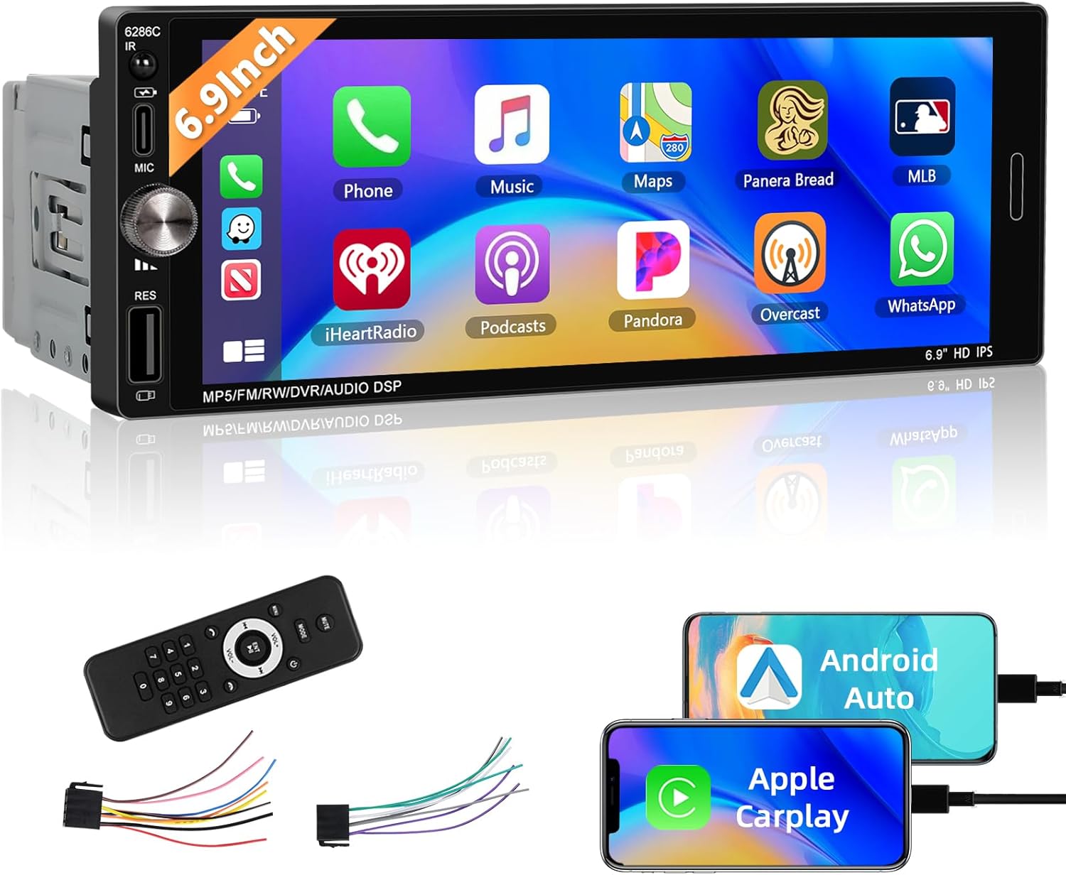 Single Din Car Stereo with Wireless Apple Carplay, 6.9 Inch Touchscreen Car Radio with Bluetooth 5.0 Android Auto Mirror Link FM/EQ USB/AUX/TF/SWC+Remote Control