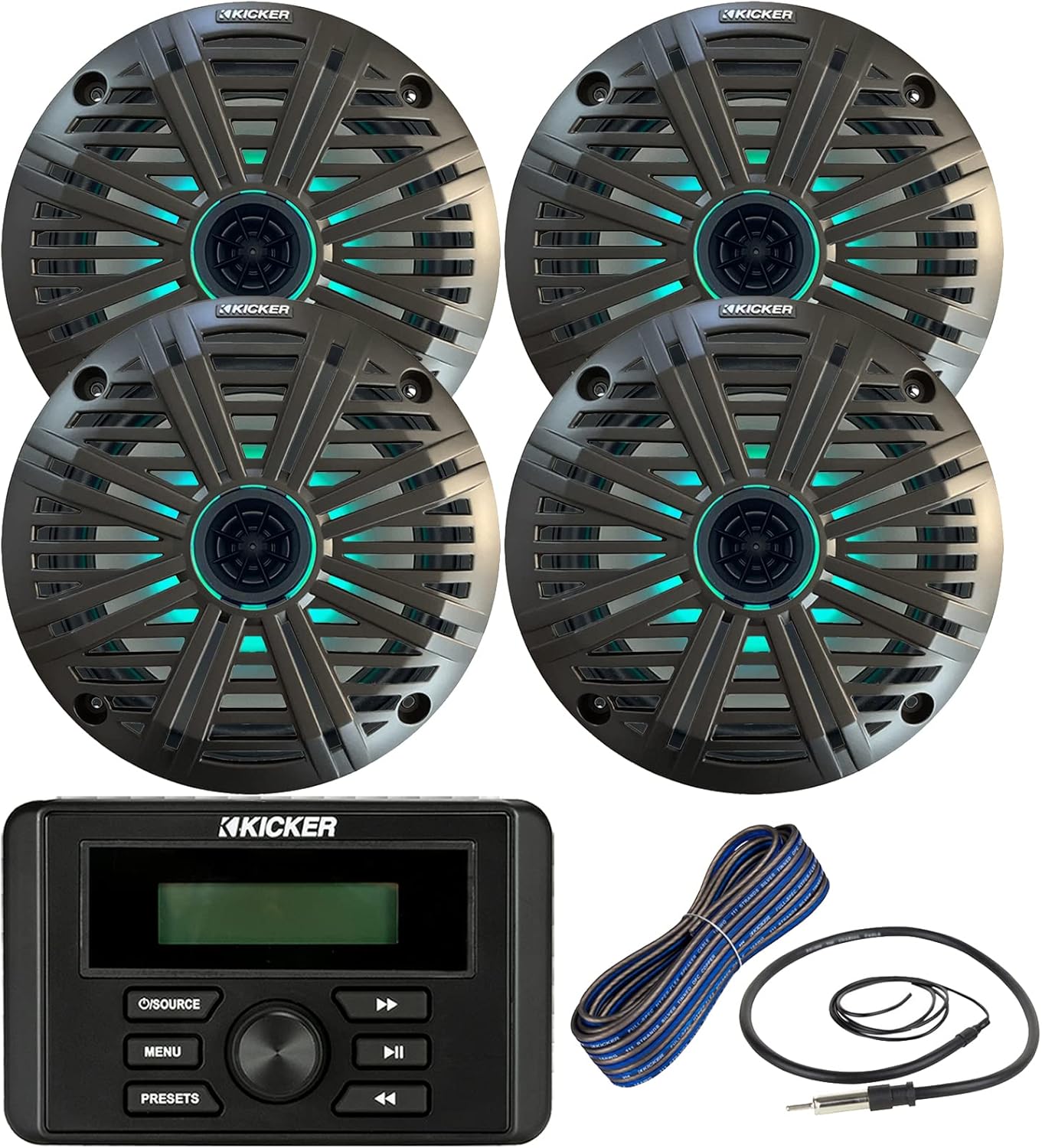 Kicker Weather-Resistant Marine Bluetooth USB RCA Stereo Receiver Bundle Combo with (QTY 4) 6.5