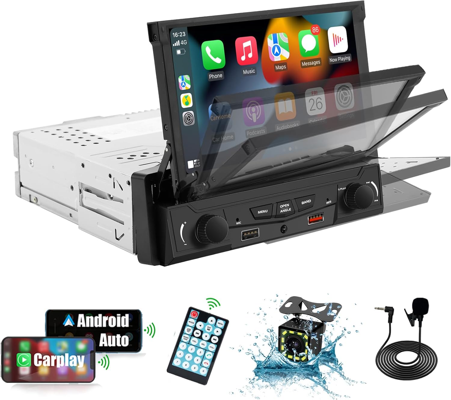 [Motorized] Y-METDRIVING 7 INCH Single Din Flip Out Touchscreen Car Stereo with Wireless Apple Carplay & Android Auto,Screen Foldable Car Audio Receiver with Bluetooth 5.0/FM/AM/USB(TH0029)