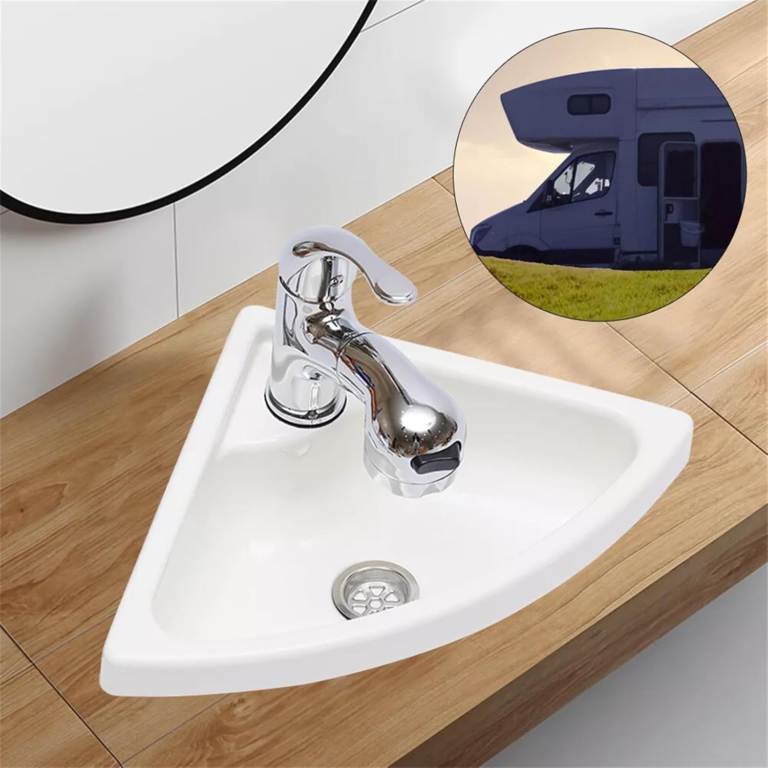 Wall Mount Corner Bathroom Sink, RV Corner Sink Acrylic Triangle Wall-Mounted Bathroom Basin with Faucet & Hose for Camper Van Boat Caravan, White