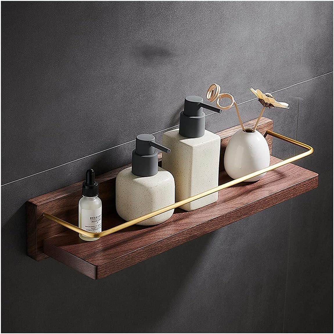 Shower Shelves Bathroom Shower Shelf, Brass and Wood Bathroom Corner Shelf, Wall Mounted Storage Holder Bathing Accessories (Color : 30cm)