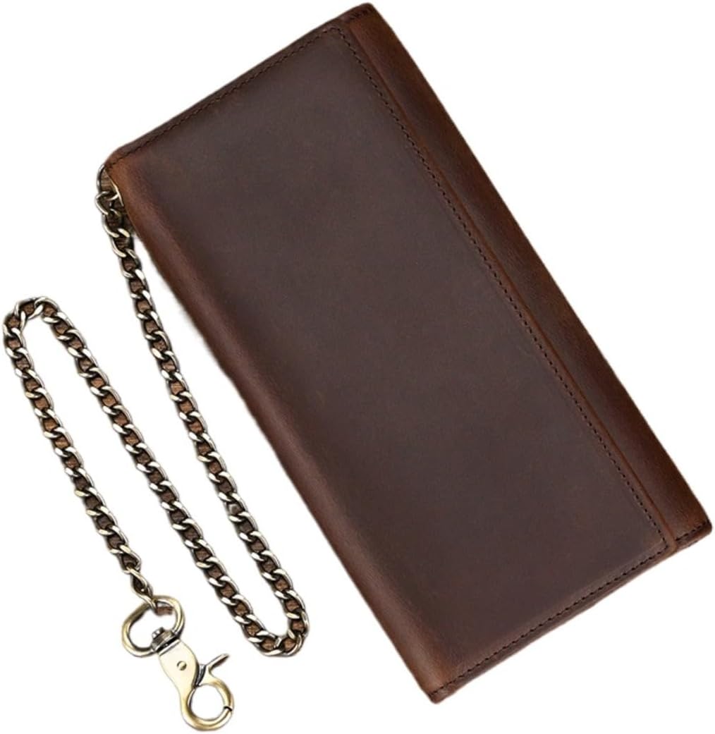 Genuine Leather Wallet for Men Long Trifold Biker Chain Wallet with RFID Blocking Anti Theft Design for Motorcycle Riding Daily Use or Gifts (Brown)