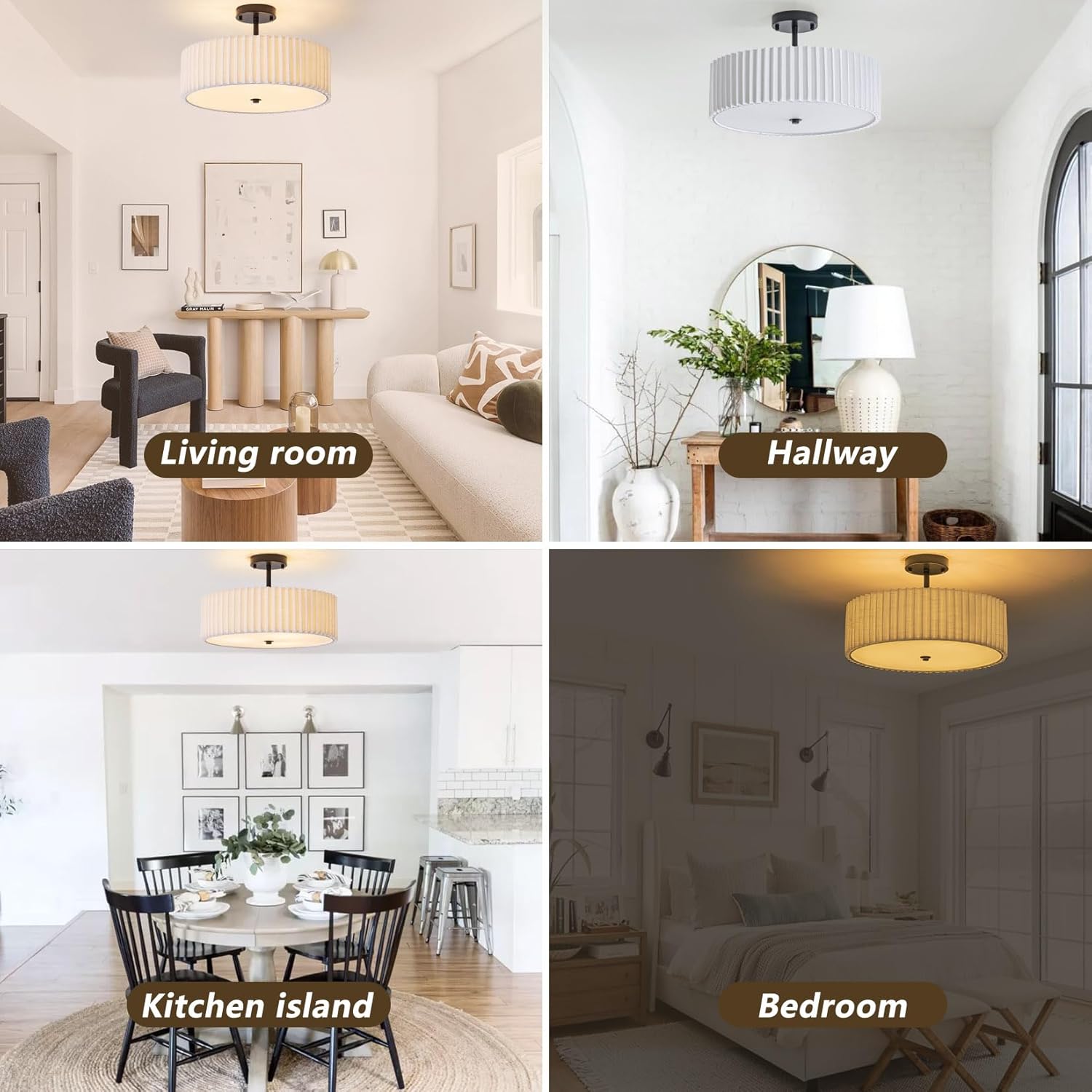 Bargeni 16.5 Inch Semi Flush Mount Ceiling Light,3 Light Modern Black Ceiling Light Fixture with Pleated Fabric Shade,Flush Mount Light Fixture for Bedroom,Living Room,Hallway,Dining Room