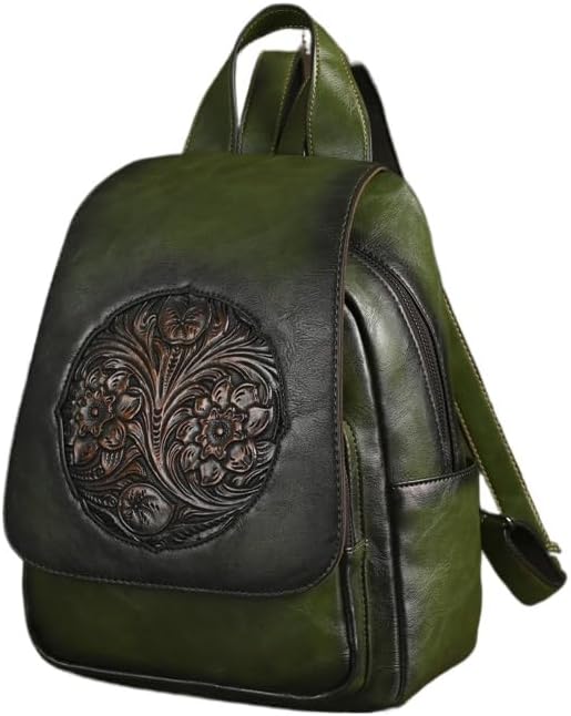Anti-Theft Small Genuine Leather Women's Backpack, Embossed Travel Daypack in Military Green for Work & Outdoor (Retro Green)