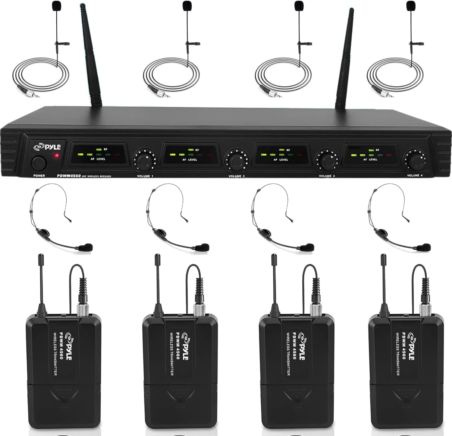 Pyle 4 Channel UHF Wireless Microphone System & Rack Mountable Base 4 Headsets, 4 Belt Packs, 4 Lavelier/Lapel MIC With Independent Volume Controls AF & RF Signal Indicators (PDWM4560),Black