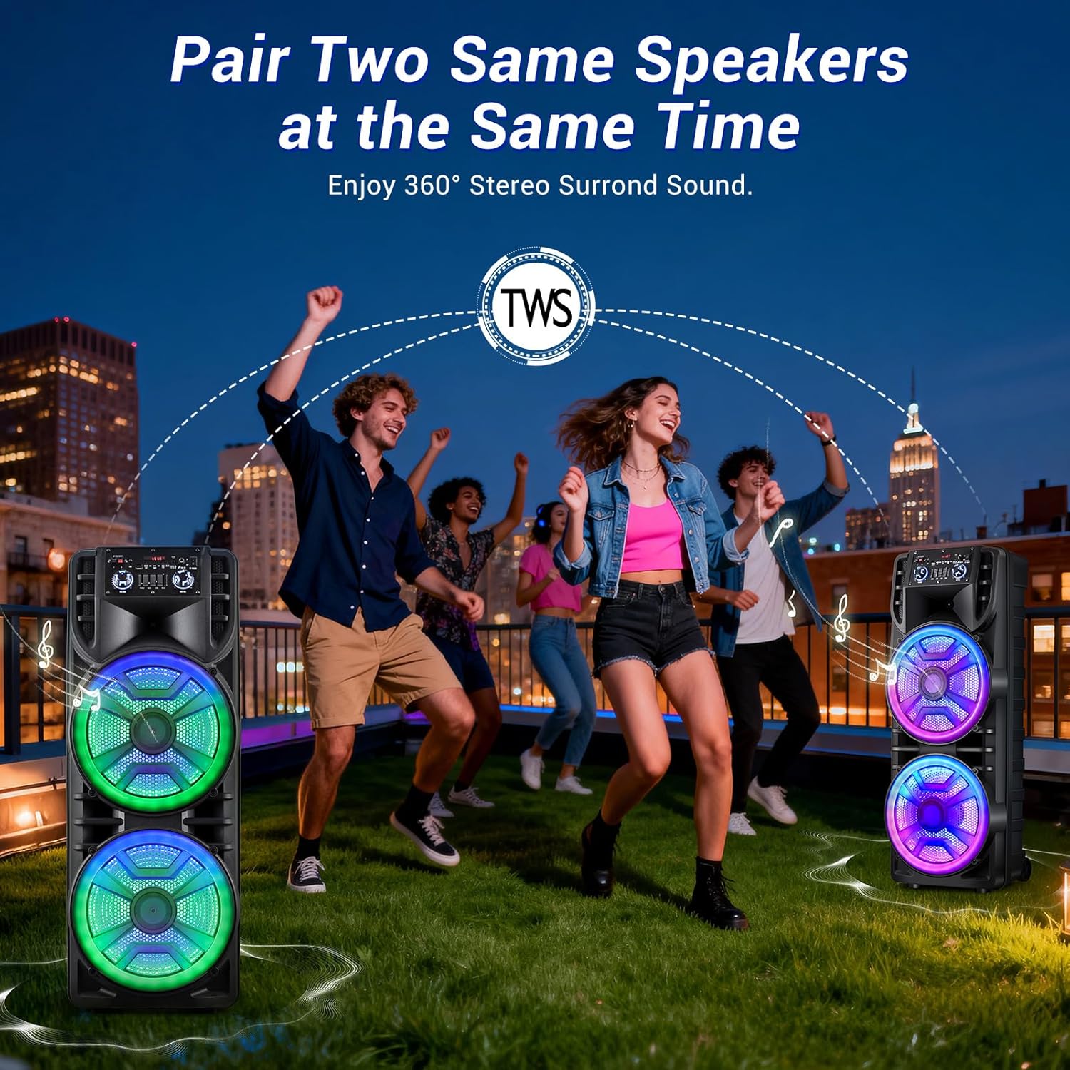 Dual 12’’ Wireless Party Bluetooth Speaker with Microphone, Remote, Portable PA Speaker System, RGB LED Party Lights, Karaoke Machine with Treble & Bass, FM/AUX/USB/TF/TWS/Echo