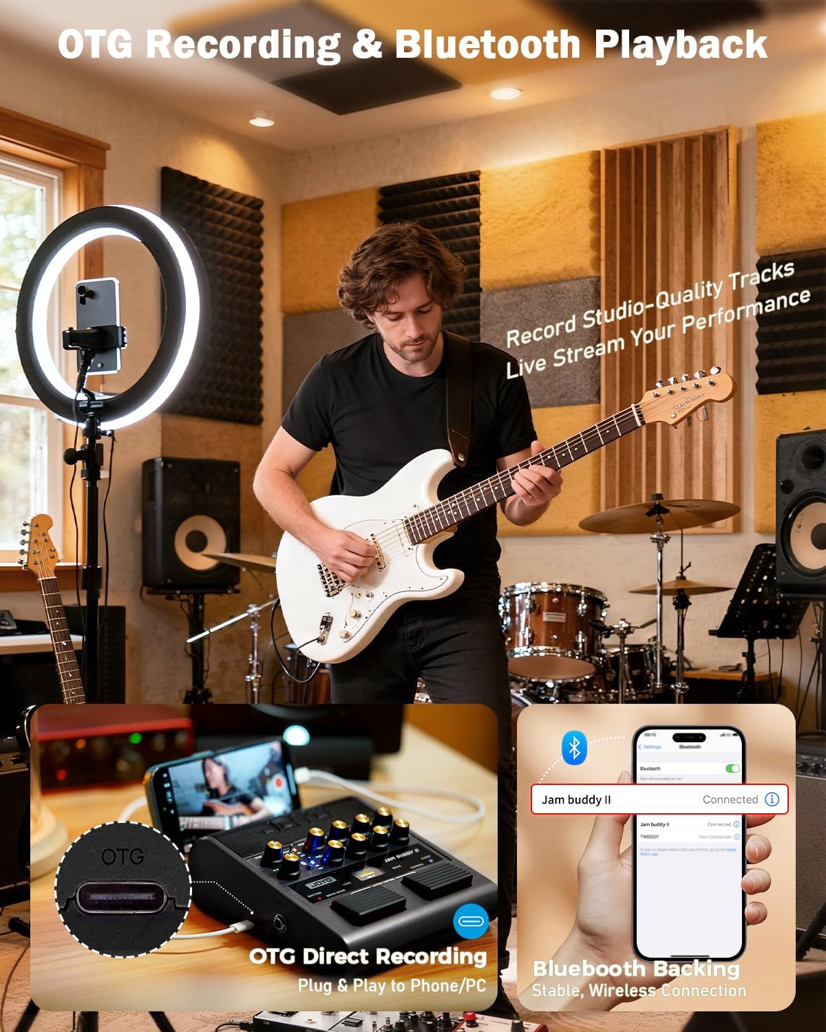 JOYO 10W Portable Electric Guitar Amp Multi-Effects Pedal Combo Amplifier with Footswitch,14 Amp Models,3-Band EQ,36 Drum Patterns & Looper,OTG Recording,Bluetooth for Practice(JAM Buddy II, Black)