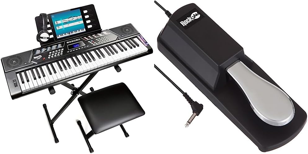RockJam 61 Key Keyboard Piano With Pitch Bend Kit, Keyboard Stand, Piano Bench, Headphones & Universal Sustain Pedal for Electronic Keyboards and Digital Pianos With Polarity Switch