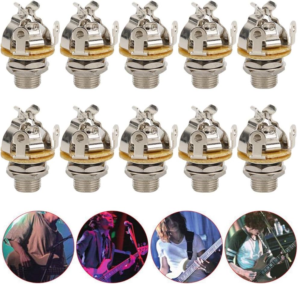 Guitar Jack Plug Socket Mono, 6.35mm, Silver, 10Pcs - Durable Construction, Easy Panel Mounting, Ideal for Electric Guitar and Bass