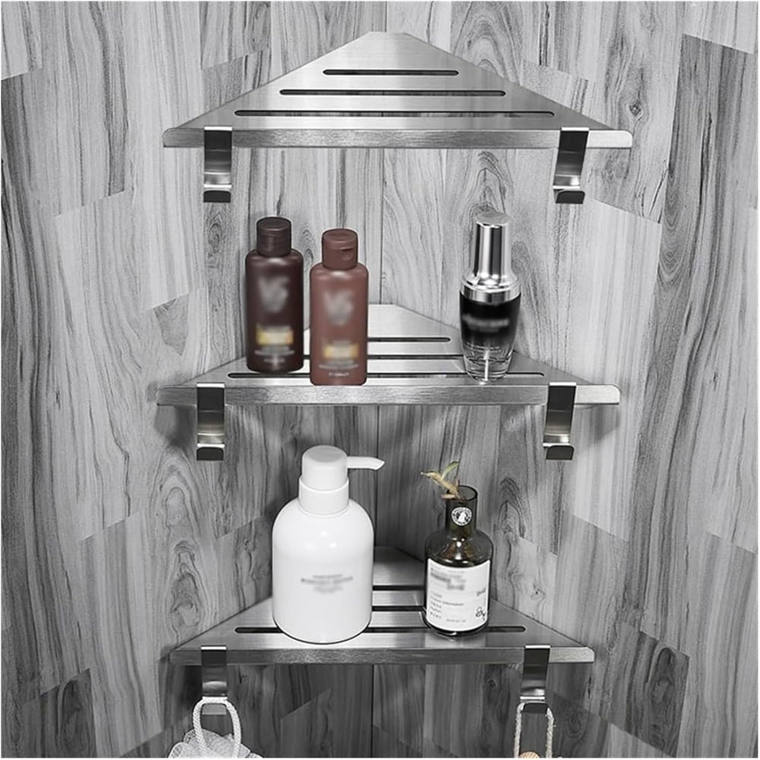Suction Cup Bath Shelves, Bathroom Wall Shelf Floating Corner Shelf for Shower Wall, Brushed Stainless Steel Corner Shower Shelves with 2 Movable Hooks