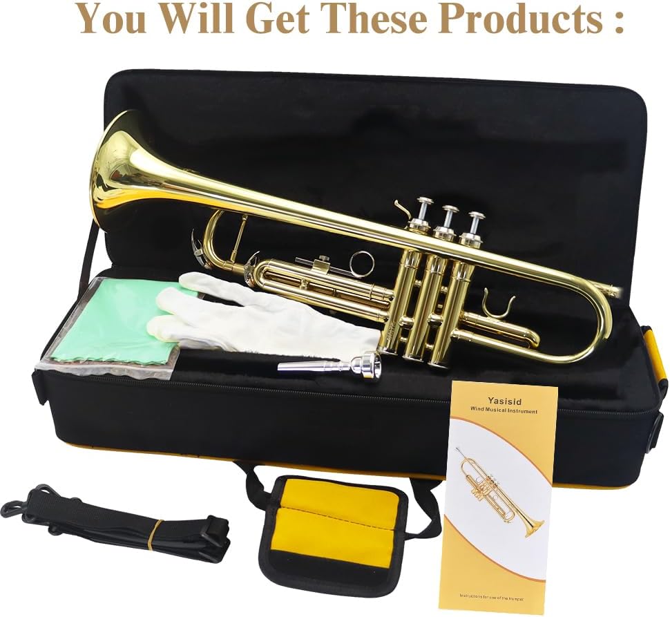 Trumpet Instrument,Band & Orchestra Musical Instruments for Beginners,With trumpets case,Mouthpiece,Cloth and Gloves (Golden)
