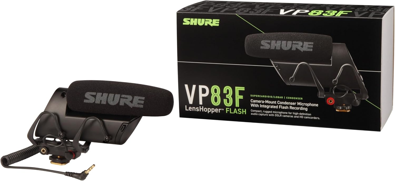 Shure VP83F LensHopper Camera-Mounted Condenser Shotgun Microphone with Integrated Digital Flash Recording - Windscreen, Superior RF Immunity, Backlit LCD, 5-Position Joystick, Rycote Lyre Shock Mount