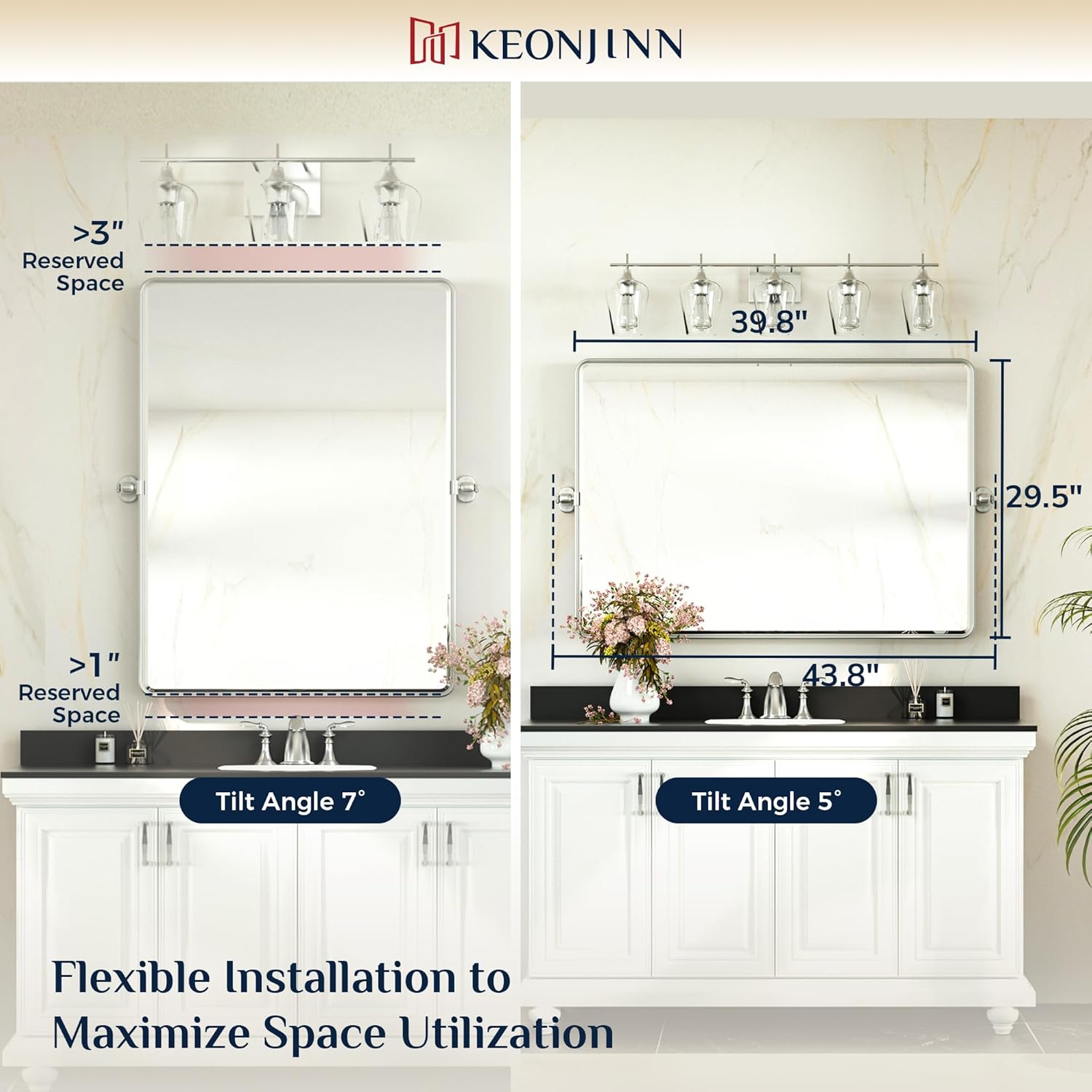 Keonjinn 40 x 30 Inch Large Pivot Mirror, Brushed Nickel Pivot Mirror Bathroom, Beveled Tilt Mirrors Bathroom for Over Sink, Rounded Corner Farmhouse Tilting Mirrors Wall Mount (Horizontal/Vertical)