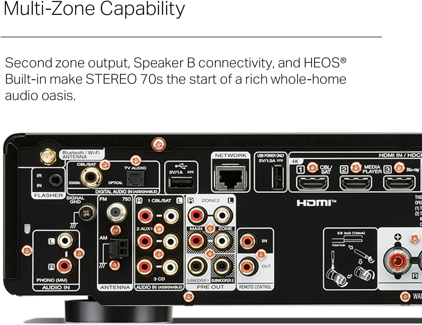 Marantz STEREO 70s 2-Ch AV Receiver (75W X 2) - 4K/120 and 8K Compact Home Theater Receiver, Class A/B Amplification, Supports Spotify Connect, Airplay 2, Bluetooth, & More via Wi-Fi & HEOS Multi-Room