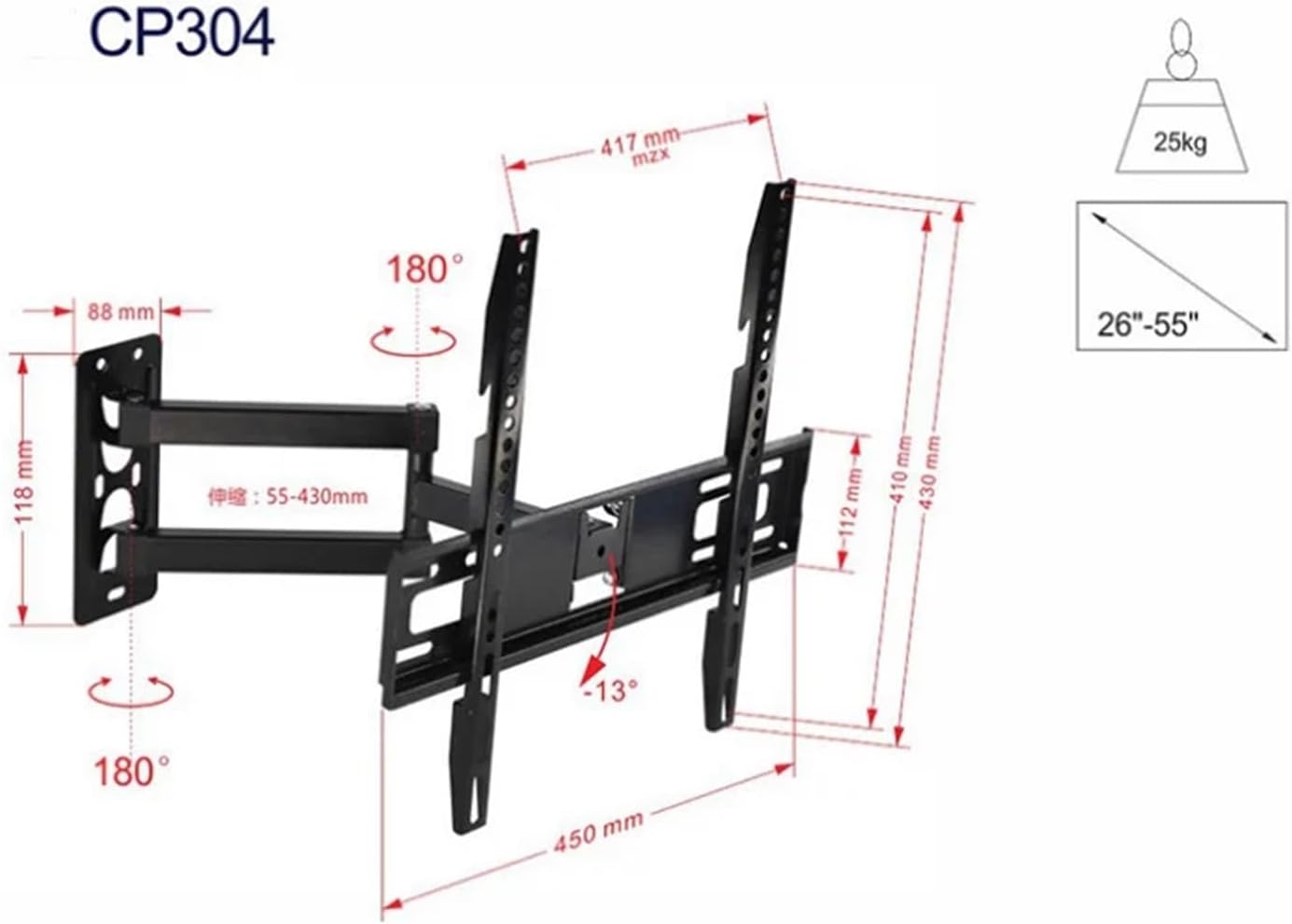 Tv Wall Bracket 26-55'' Multifunctional TV Wall Mount Bracket Angle Adjustable 4 Arms Stronger TV Bracket UP to 25KG