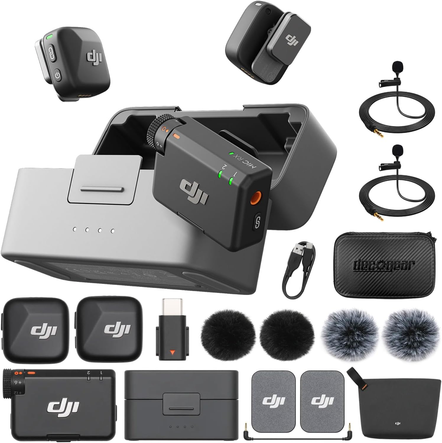 DJI Mic Mini (2 TX + 1 RX + Charging Case) Wireless Lavalier Microphone, Ultralight, Noise Cancelling, Up to 48-Hour Battery Life Bundle with 2 x Deco Gear Lapel Microphone and 5