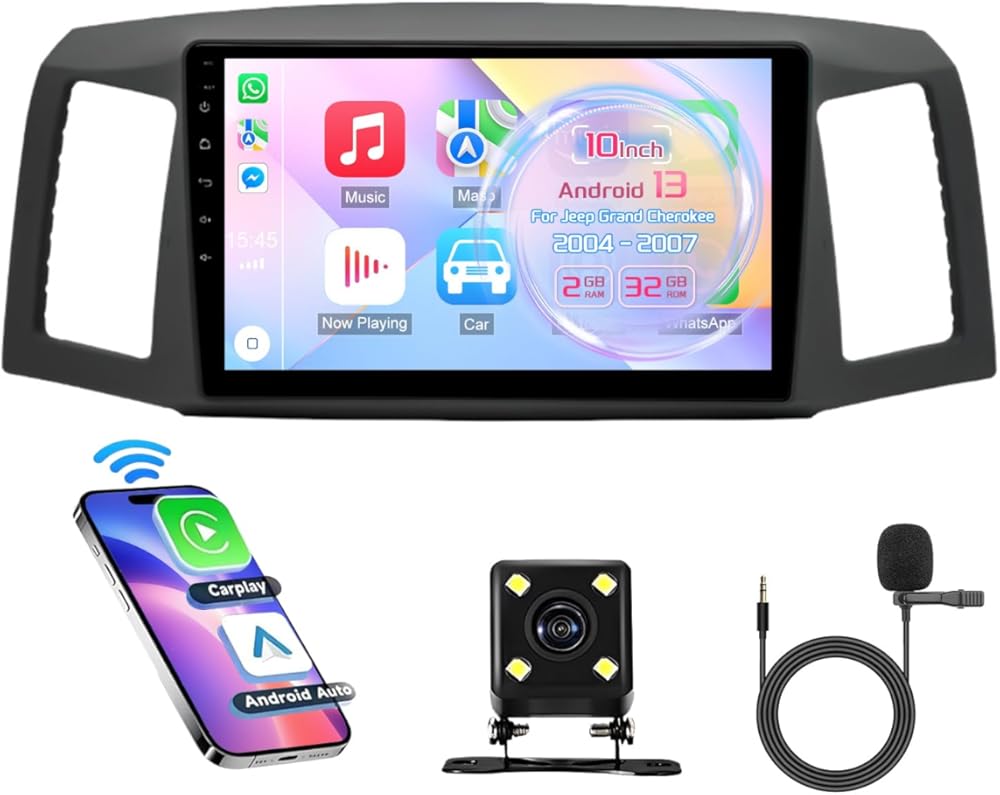 10 Inch Car Stereo for Jeep Grand Cherokee 2004-2007 W/Wireless Carplay/Android Auto, Android 13 IPS Touch Screen Car Radio Multimedia Receiver, Bluetooth, GPS Navi, WiFi, SWC, DSP+AHD Backup Camera
