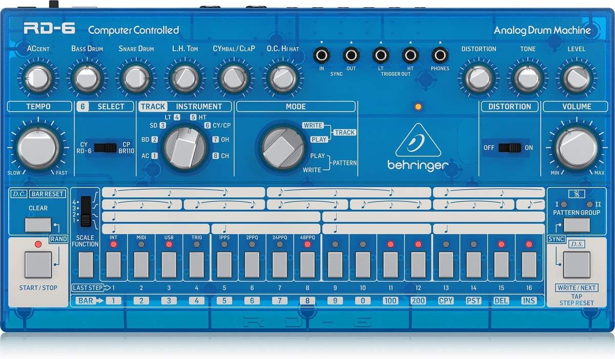 Behringer RHYTHM DESIGNER RD-6-BB Analog Drum Machine with 8 Drum Sounds, 64 Step Sequencer and Distortion Effects