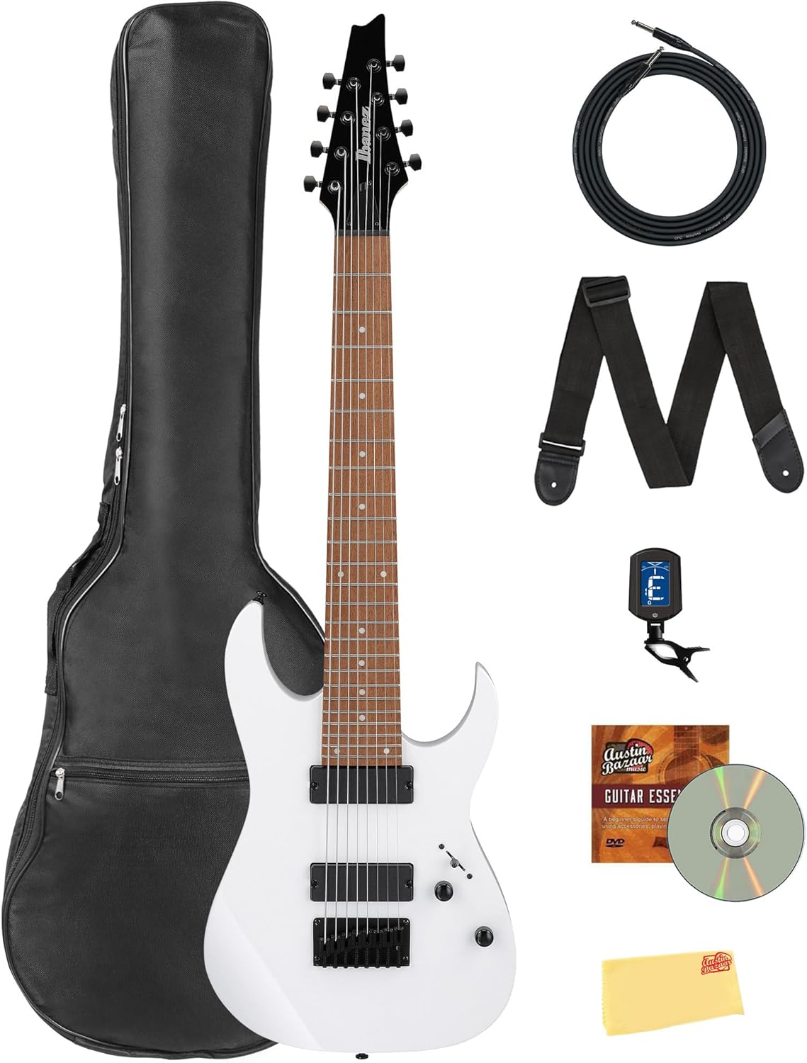 Ibanez RG8 RG Standard 8-String Electric Guitar - White Bundle with Gig Bag, Tuner, Strap, Cable, Austin Bazaar Instructional DVD, and Polishing Cloth