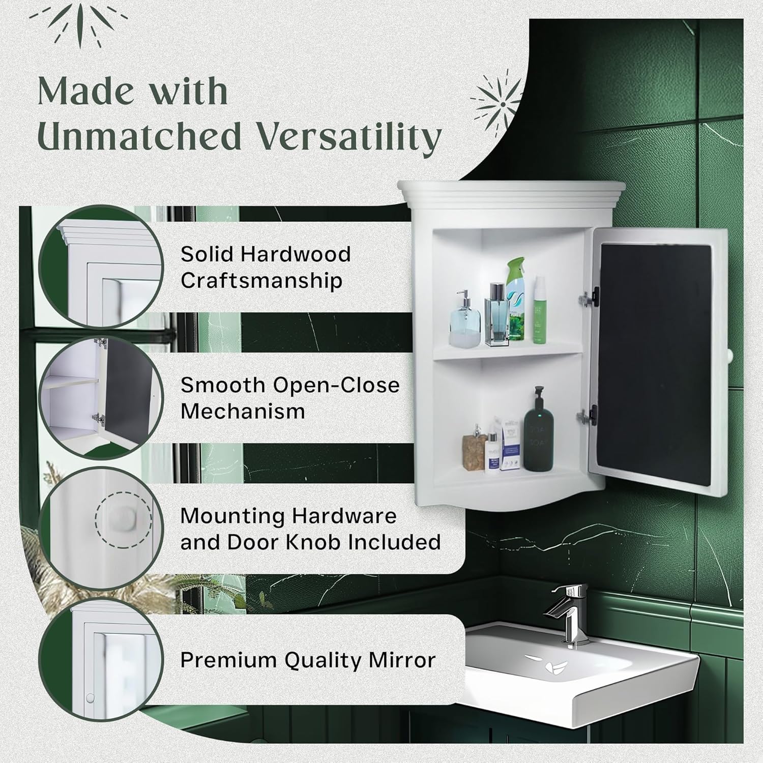 Renovators Supply Manufacturing White Corner Wall Mount Medicine Cabinet with Mirror Wooden Bathroom Storage 27 X 20 Inches Double Shelf Storage Cabinet Pre-Assembled with Hardware