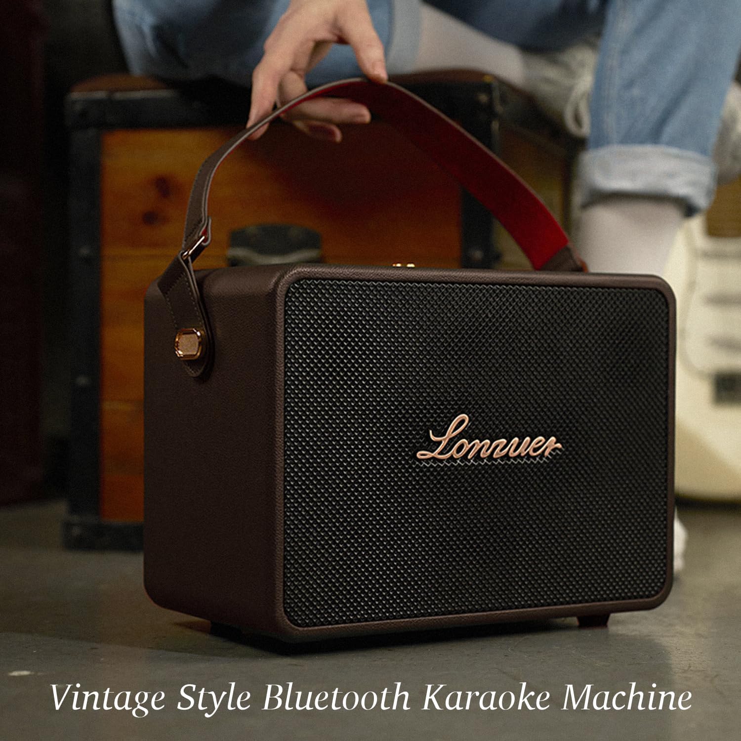 18000mAh Rechargeable 120W Loud Bass Retro Portable Karaoke Machine Bluetooth Speaker with 2 Wireless Microphones AUX Guitar Input for Adults (Brown)