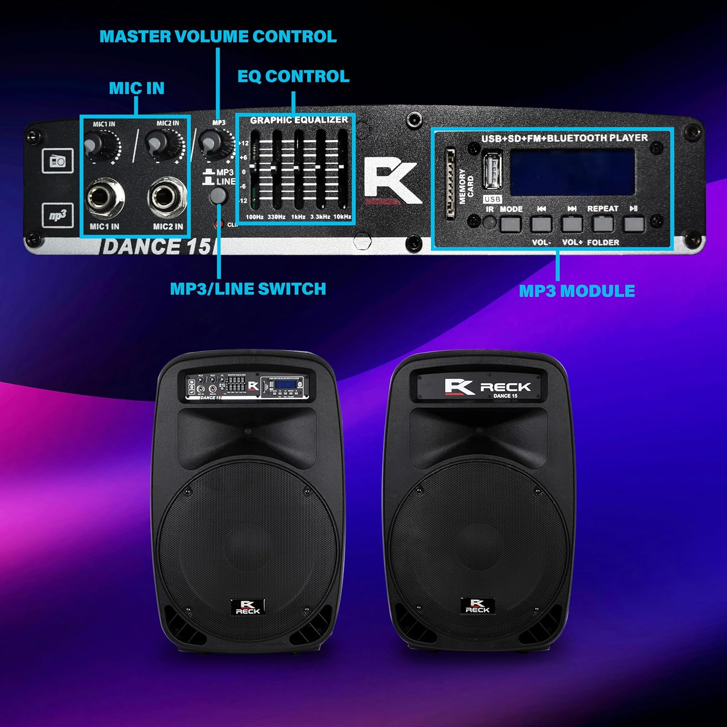 Proreck Dance 15 Portable 15-Inch 2000 Watt 2-Way Powered PA Speaker System Combo Set with Bluetooth/USB/SD Card Reader/FM Radio/Remote Control/LED Light