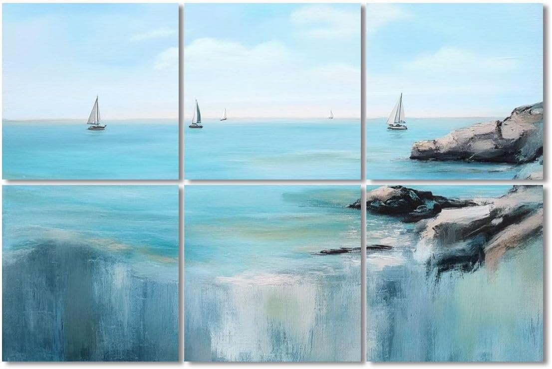 6 Pack Art Acoustic Panels Sound Absorbing Beach Coastal Ocean Landscape Sea Sailboats Calm Rocky Shoreline Blue Decorative Soundproof Wall Panels Self Adhesive for Recording Studios Office 72