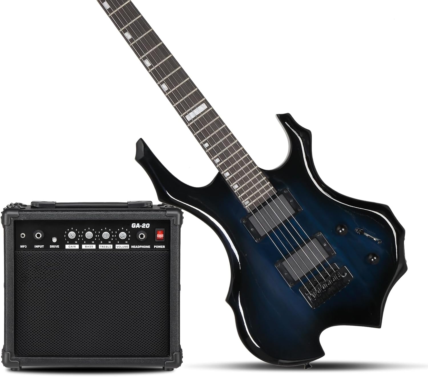 Solid Body Electric Guitar, Flame Design Electric Guitar Kit with 20Watt Amp, Gig Bag, Shoulder Strap, H-H Pickups 36 Inch Electric Guitars for Beginners & Professional (Blue)