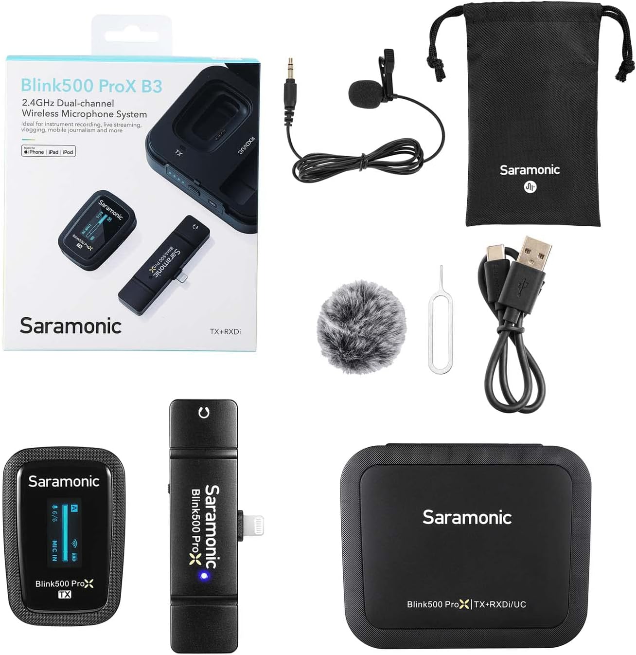 Saramonic Blink 500 Pro X B3 Wireless Clip-On Mic System with Lavalier & Lightning Receiver for iPhone & iPad with Lighting