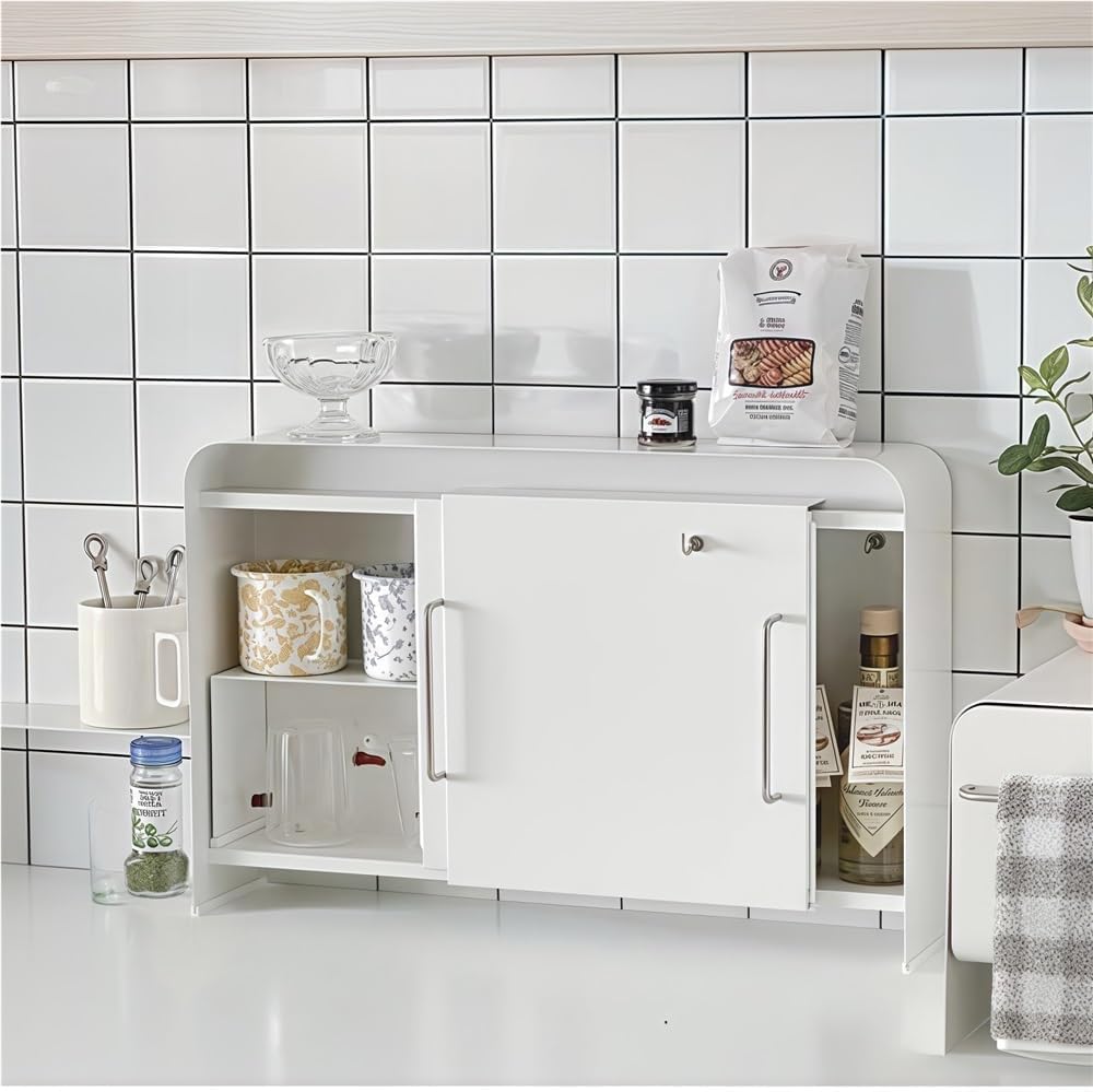 Cup Storage Cabinet, Kitchen Spice Rack with Sliding Door, 2 Tier Storage Rack Organizer for Dining Rooms, Tea Corners, Living Rooms or Offices