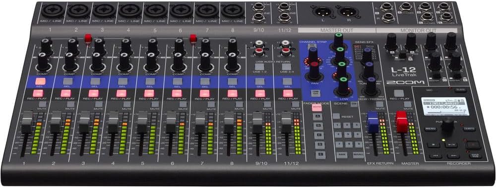 Zoom LiveTrak L-12 Digital Mixer & Multitrack Recorder, for Music, Podcasting, 12-Input/ 14-Channel SD Recorder, 14-in/4-out USB Audio Interface, 5 Powered Headphone Outputs Bundle With Accessories