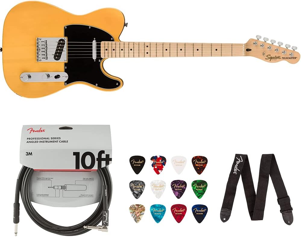 Squier by Fender Affinity Series Telecaster, Maple fingerboard (Butterscotch Blonde) Bundle with Fender 10ft Cable (Straight/Straight), Guitar 12-Pack Picks, and 2