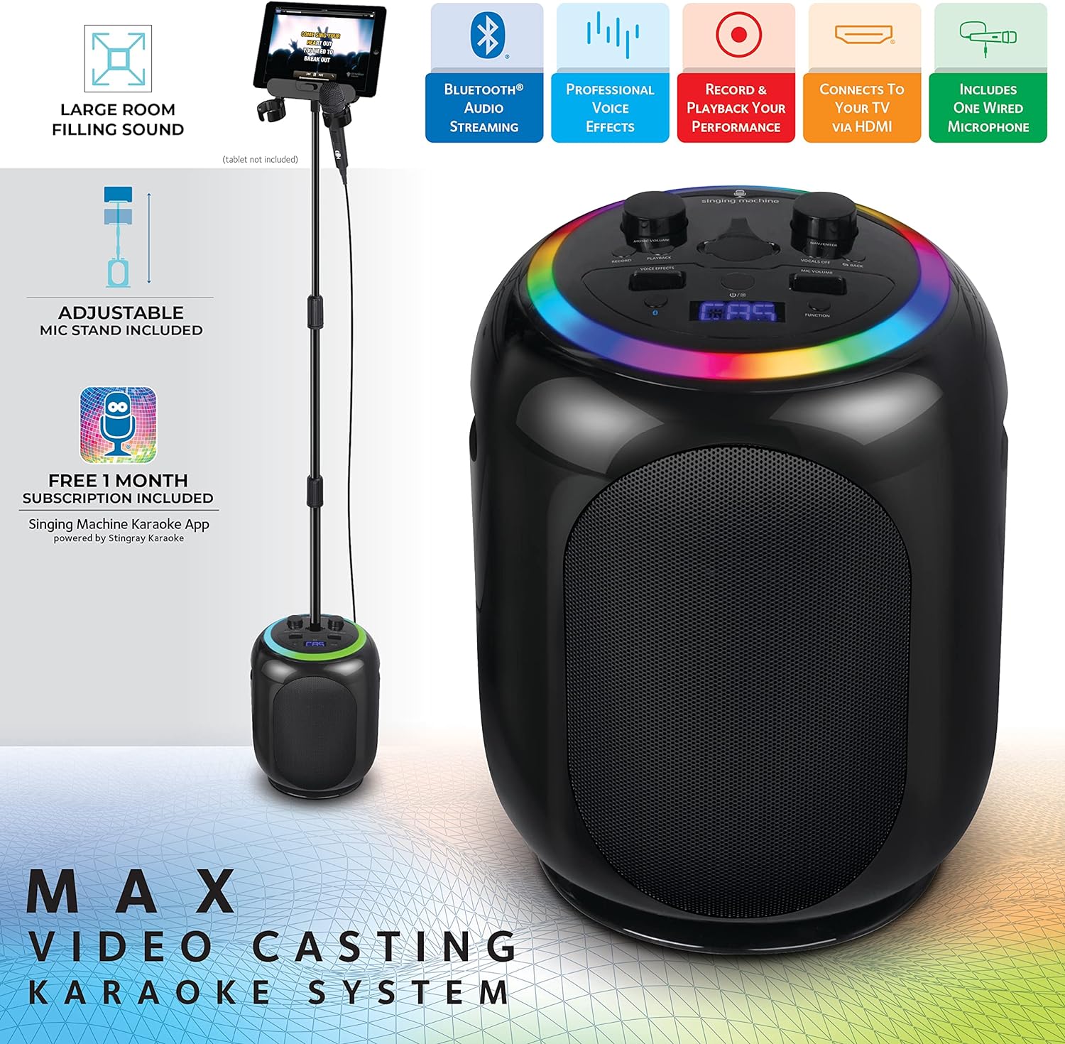 Singing Machine SingCast MAX Bluetooth Video Casting Karaoke Machine, Party Speaker, Microphone, 22 Voice Effects, Pitch Correction, Lights, Stand, 35W Sound for PA System Function for Adults & Kids