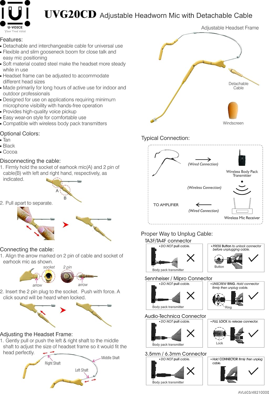 U-Voice UVG20 Tan Color Headset Microphone with Detachable Coiled Cable for Sennheiser (Coiled Cable)