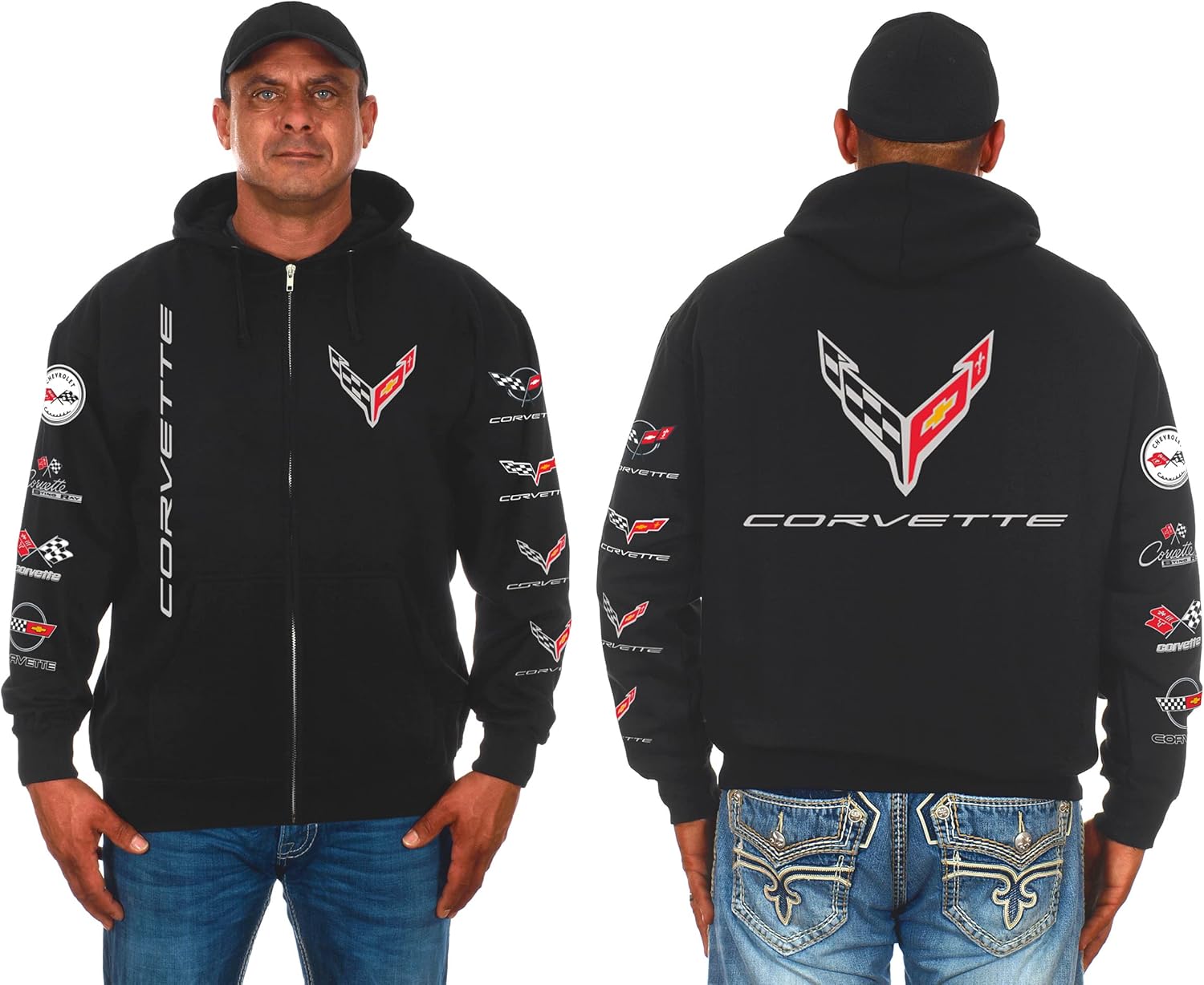 JH DESIGN GROUP Men's Chevy Corvette C8 Collage Zip-Up Hoodie Black Sweatshirt