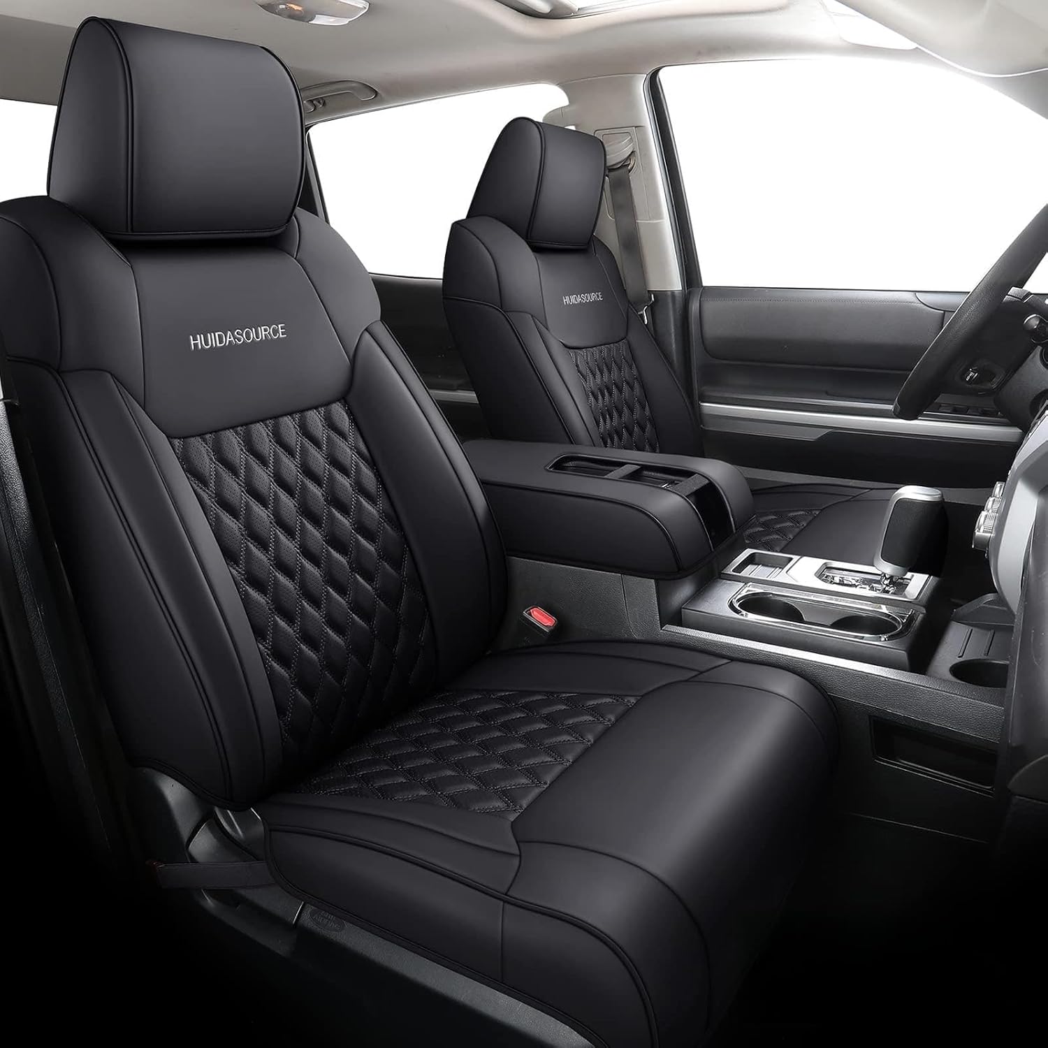 Huidasource Tundra Front Seat Covers, Full Coverage Automotive Black Leather Car Seat Cushion Cover Custom Fit for 2014-2021 Toyota Tundra CrewMax/Double Cab Pickup Truck (Front Pair/Black)