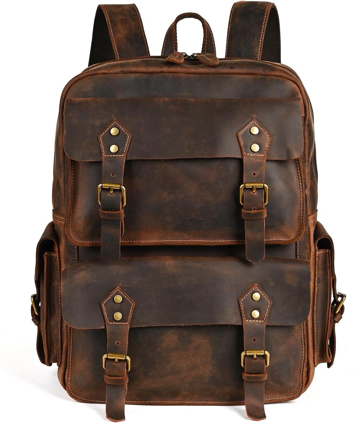 Genuine Leather Canvas Waxed Backpack Travel Rucksack Laptop Bag Leather Backpack Gifts for Men (Dark Brown)
