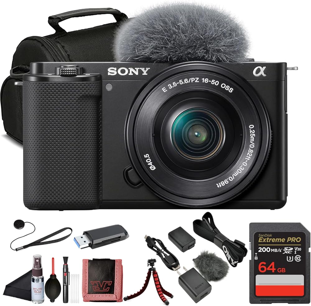 Sony ZV-E10 Vlogging Mirrorless Camera Kit with E PZ 16–50mm Lens (ILCZV-E10L/B)| 24.2 MP APS-C Sensor | 4K Video with 64GB Card, Card Reader, Case, Flex Tripod, Memory Card Wallet, Cleaning Kit