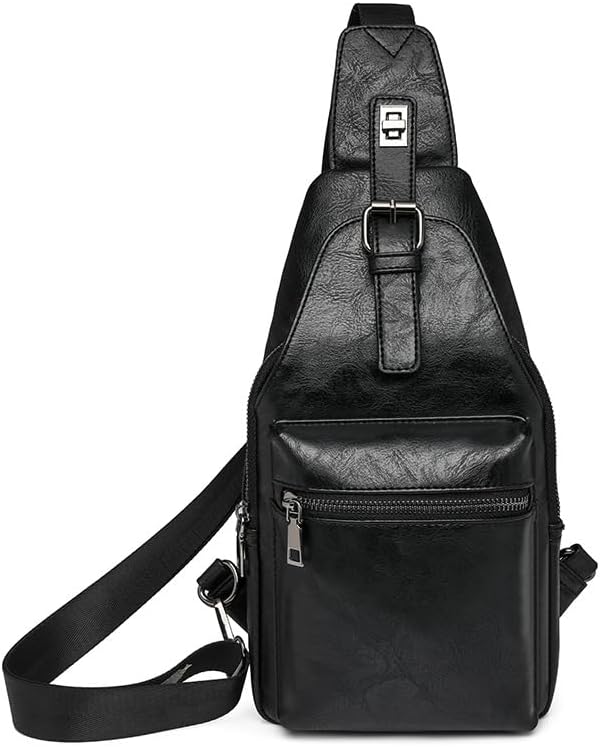 Small Anti-Theft Sling Bag for Men, Waterproof Genuine Leather Crossbody Fanny Pack with Adjustable Strap (Black)