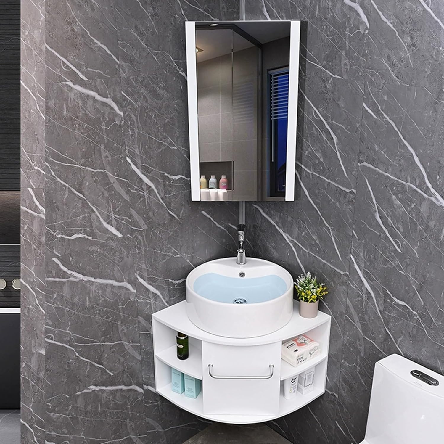 Corner Bathroom Sink, Wall Mount Corner Bathroom Vanity, Triangle Bathroom Sink Cabinets, Ceramic Wash with Storage Container and Mirror Cabinet, for Small Space(50cm/19.6in)