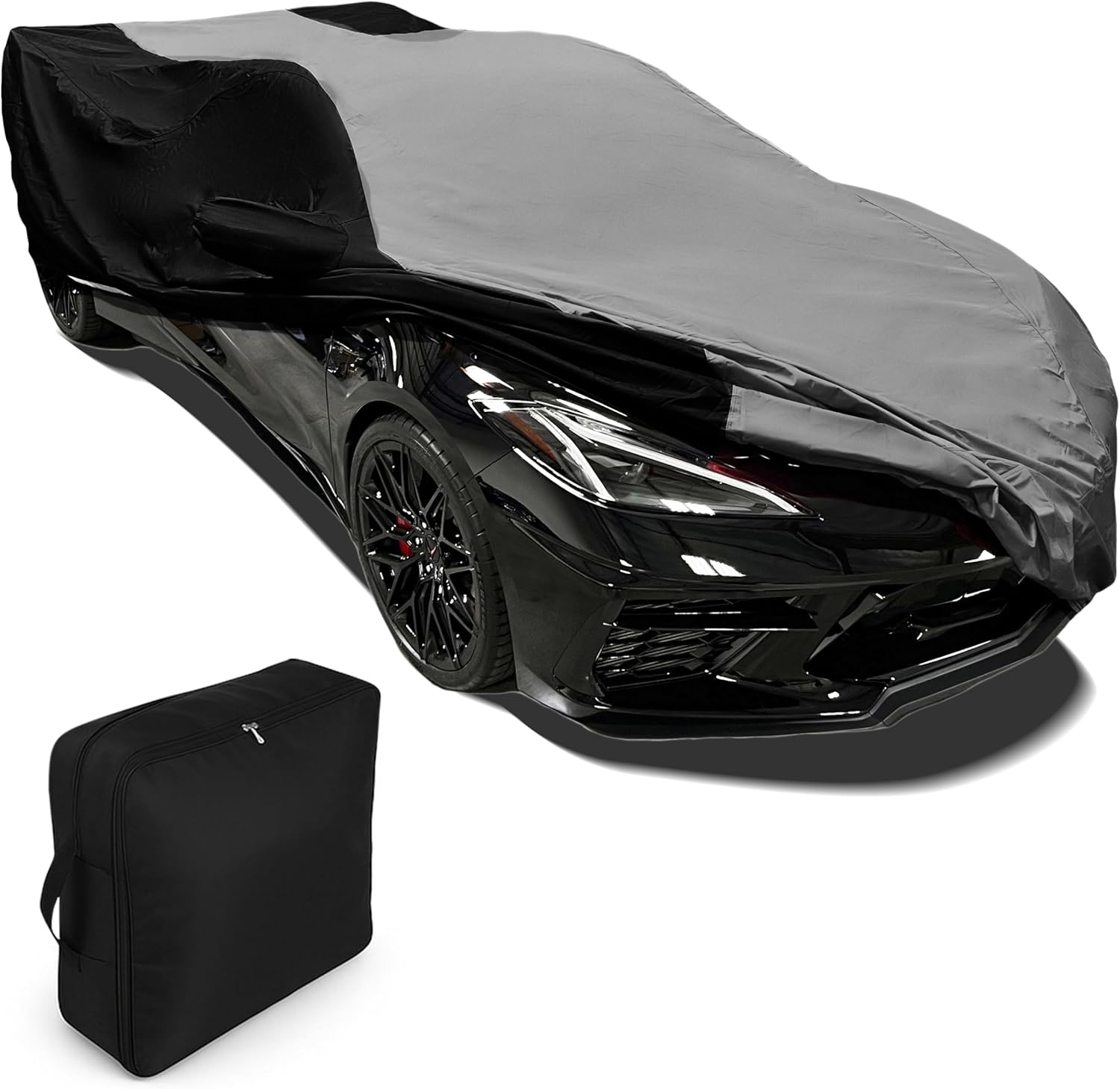 C8 Corvette Car Cover - Custom Fit Outdoor/Indoor Ultraguard Plus Water Resistant 300 Denier UV & Rain Protection for 2020-2026 Stingray, Z51, Z06, E-Ray Corvettes (Gray/Black)