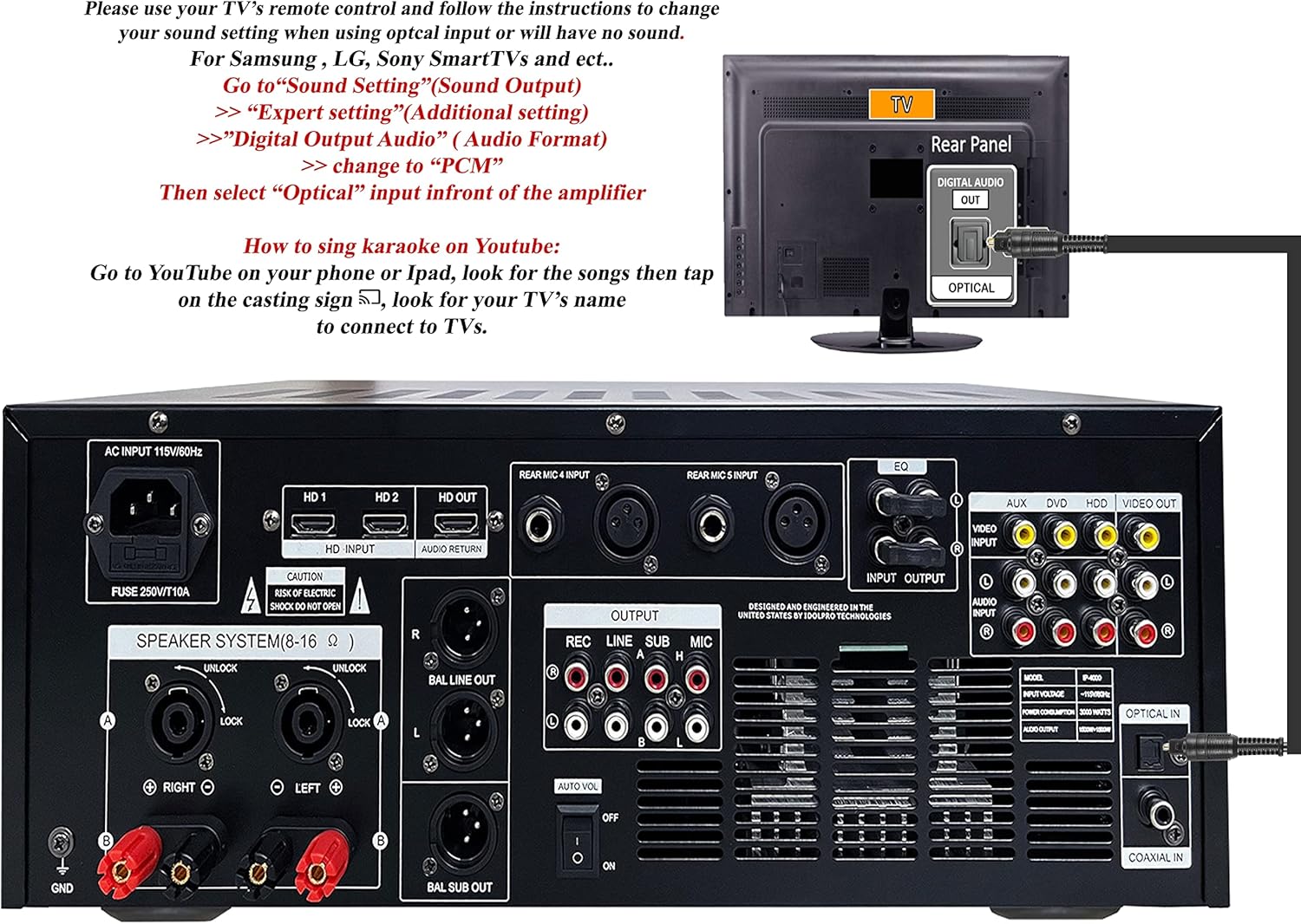 IDOLpro 3000Watts IP-4000 Mixing Amplifier & IPS-680 Speaker Plus Wireless Mic Karaoke System- Free Speaker Cables & Speaker Stands & Mic Windscreens