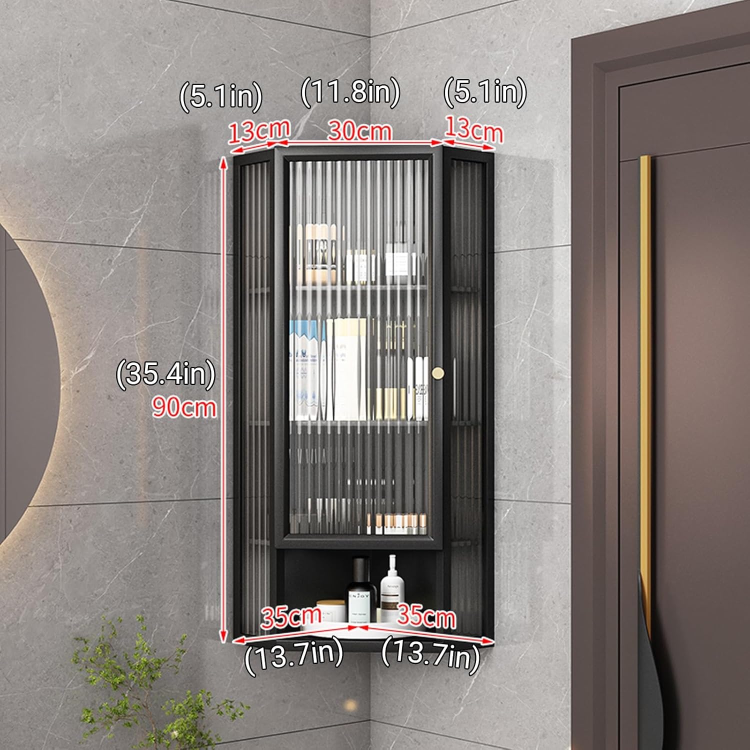 3/4 Tier Wall Mount Corner Bathroom Cabinets with Glass Door，Corner Medicine Cabinet ，Narrow Spice Rack，Makeup Organizer ，for Kitchen Living Room，Bedroom(Beige,4-Tier)