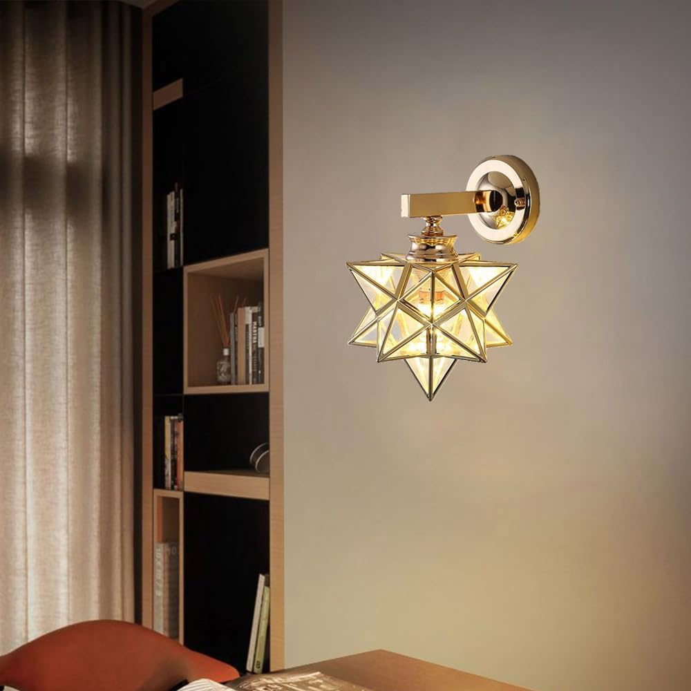 Moravian Star Wall Light Fixture, Gold Wall Sconces Set of 2 Modern Vanity Lighting Fixtures with Clear Shade, Indoor Metal Wall Mount Lamp for Living Room Bedroom Kitchen Hallway Mirror