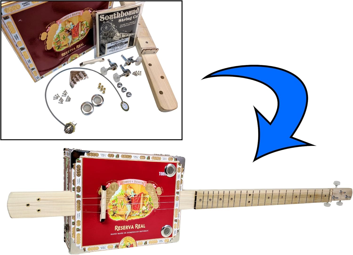 Complete DIY 3-String Fretted Cigar Box Guitar Kit with Neck - includes Acoustic/Electric Pickup