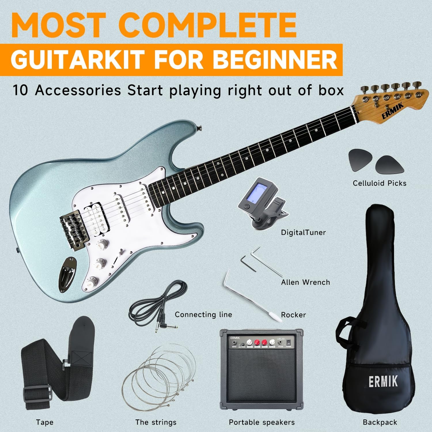 Ermik Soild Body Electric Guitar Kit with Amp 20W, Strings, Strap, Digital Tuner, Picks, Gig Bag, Cable, Tremolo Bar, 39