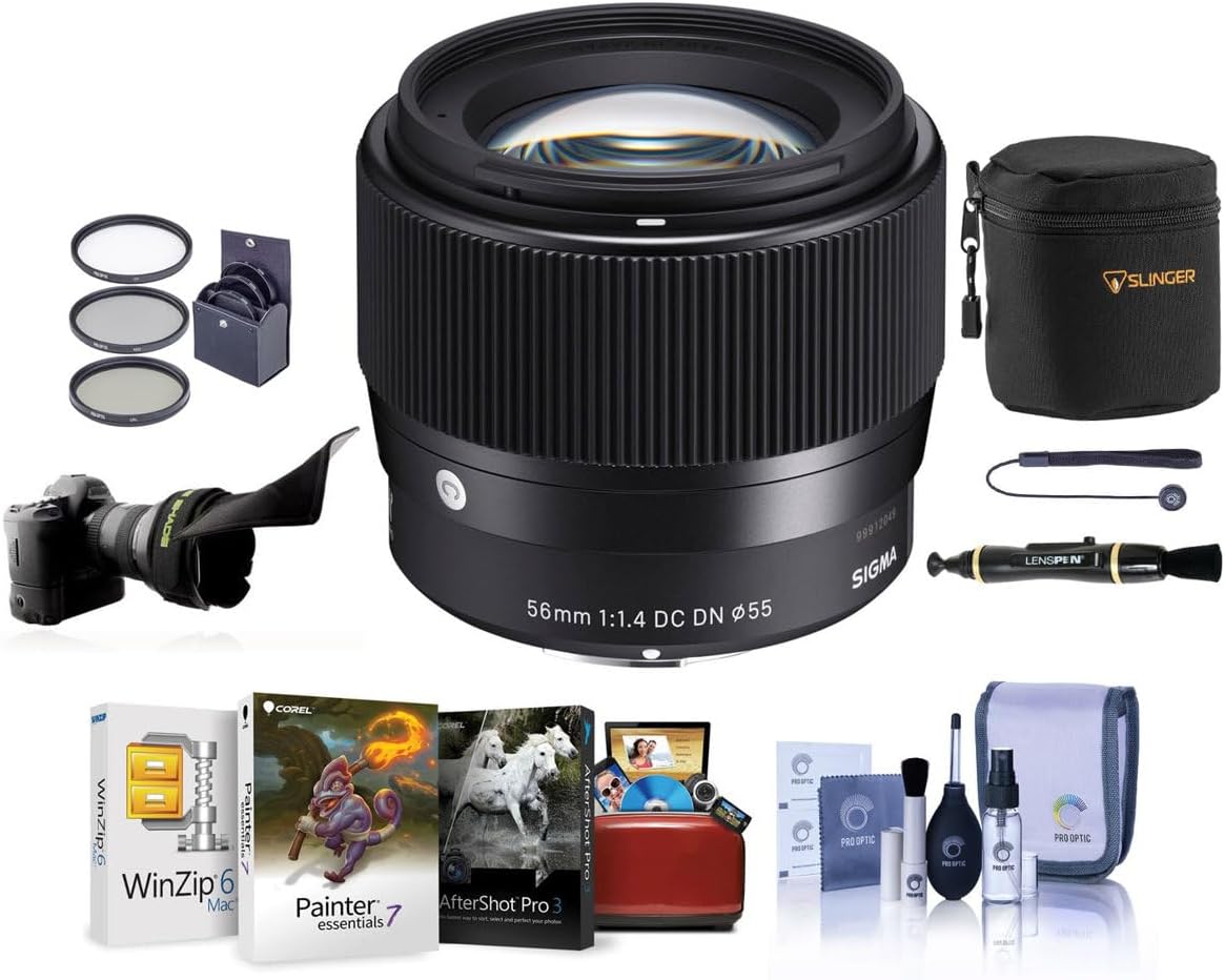 Sigma 56mm f/1.4 DC DN Contemporary Lens for Canon EF-M, Bundle with Filter Kit, Flex Lens Shade, Lens Pouch, Lens Cleaner, Cleaning Kit, Mac Software Kit