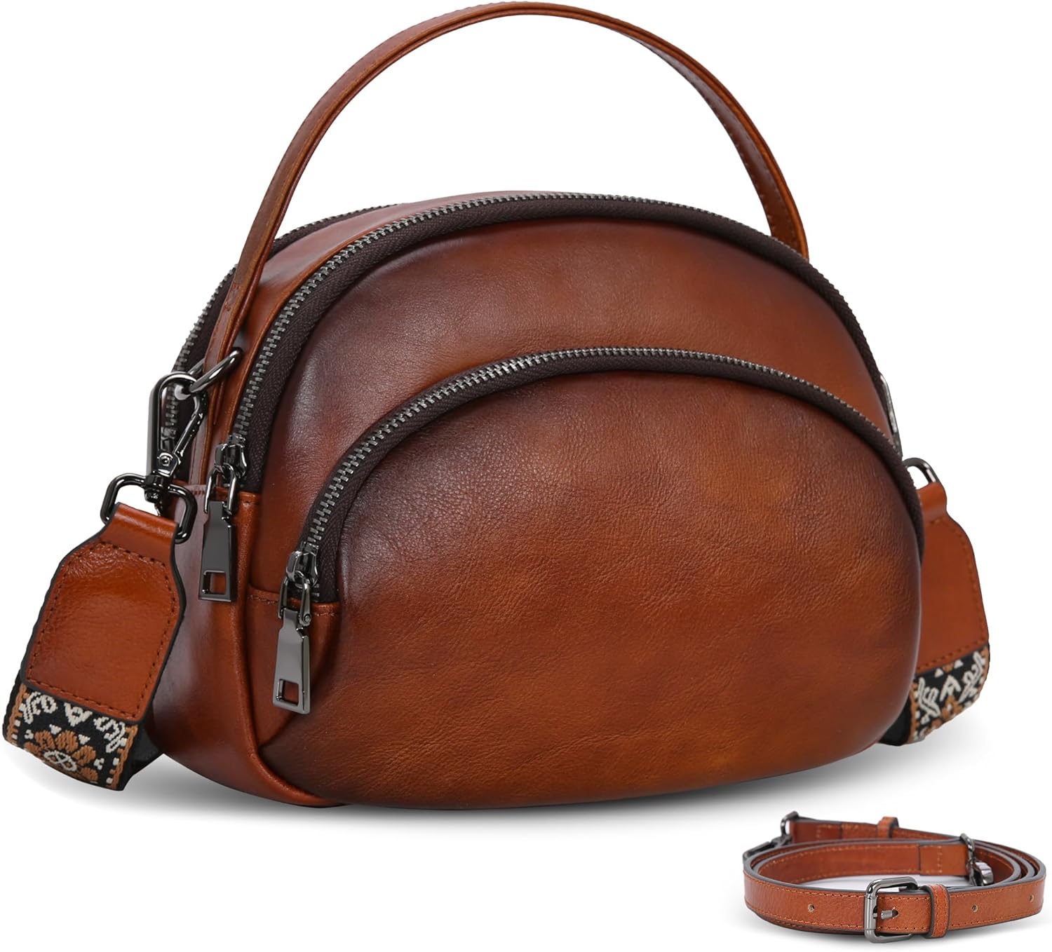 HESHE Genuine Leather Crossbody Bags Leather Purses for Women Vintage Small Shoulder Handbags with Multi-Pockets