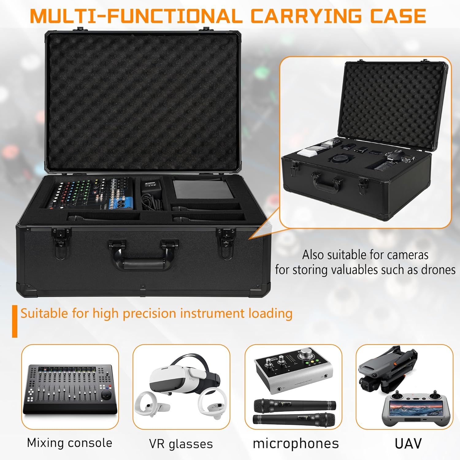 23 Inch Aluminum Carrying Case 23 X 16.5 X 8.6 Inch Ideal for Microphone & Camera Gear Transportation, DJ Mixer Case with Customizable Pre-Diced Foam, Black
